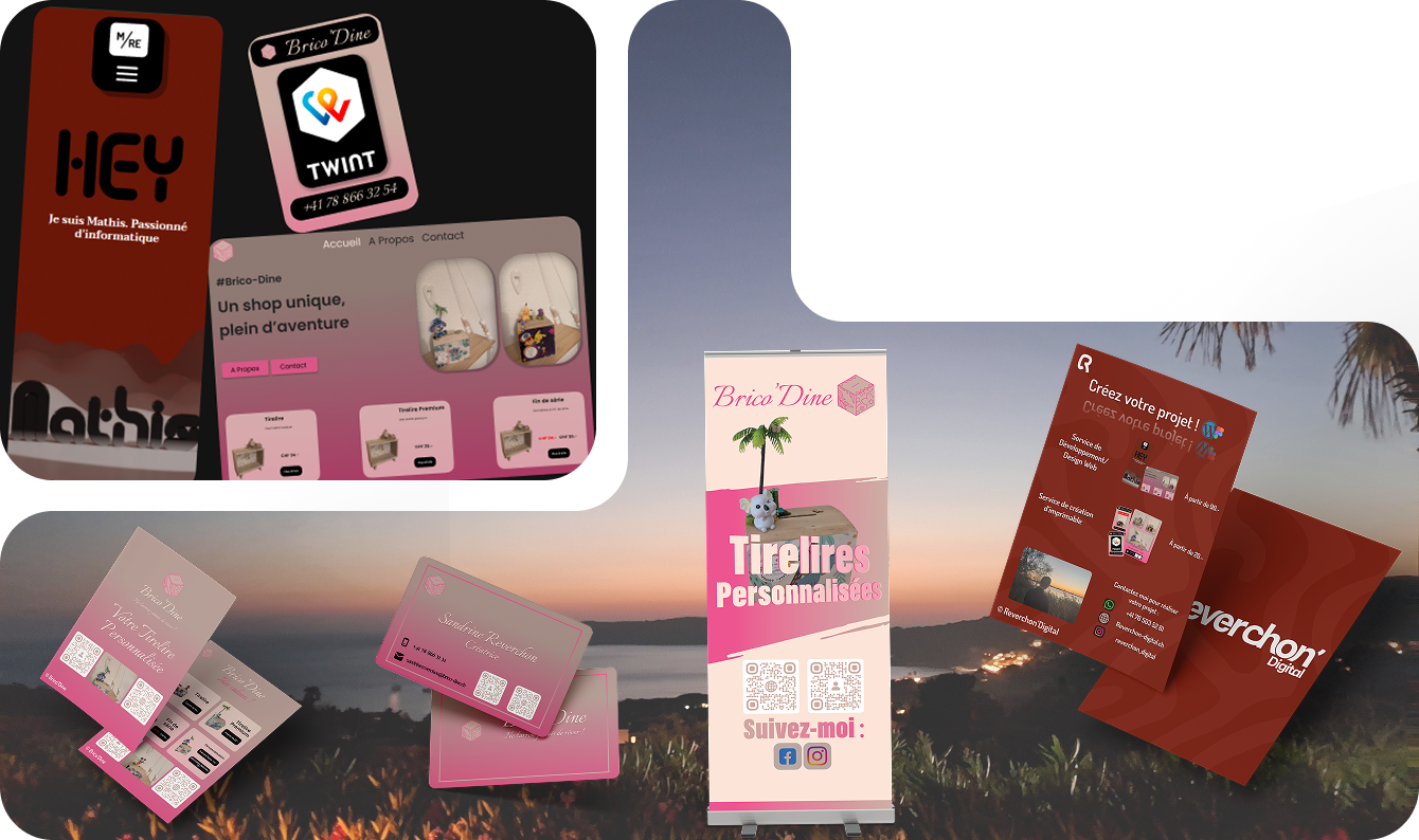 Plusieurs exemples de mockups et de sites crée par Reverchon'Digital